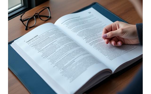A legal document or contract being reviewed by two professionals, symbolizing regulatory compliance and expert oversight.